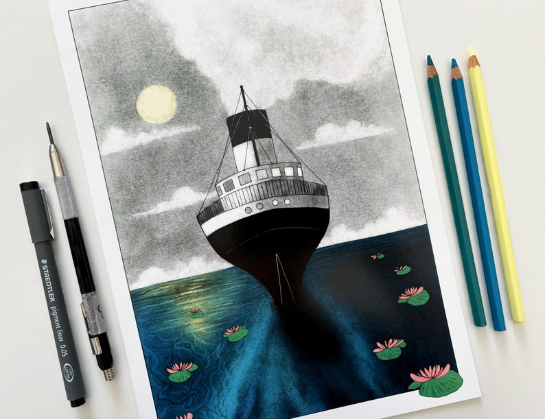 Vintage transatlantic on a blue sea illustration art print of an old Titanic lookalike steam ship sailing with the moonlight A5, A4, A3 image 1