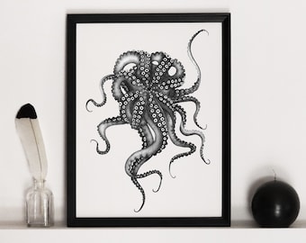 Octopus art print - dotwork octopus drawing made of ink dots - A5, A4, A3