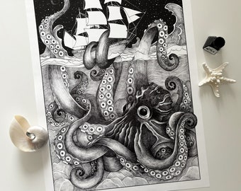 Kraken poster art print - black and white ink illustration of a big squid octopus Kraken catching a boat - A2 size