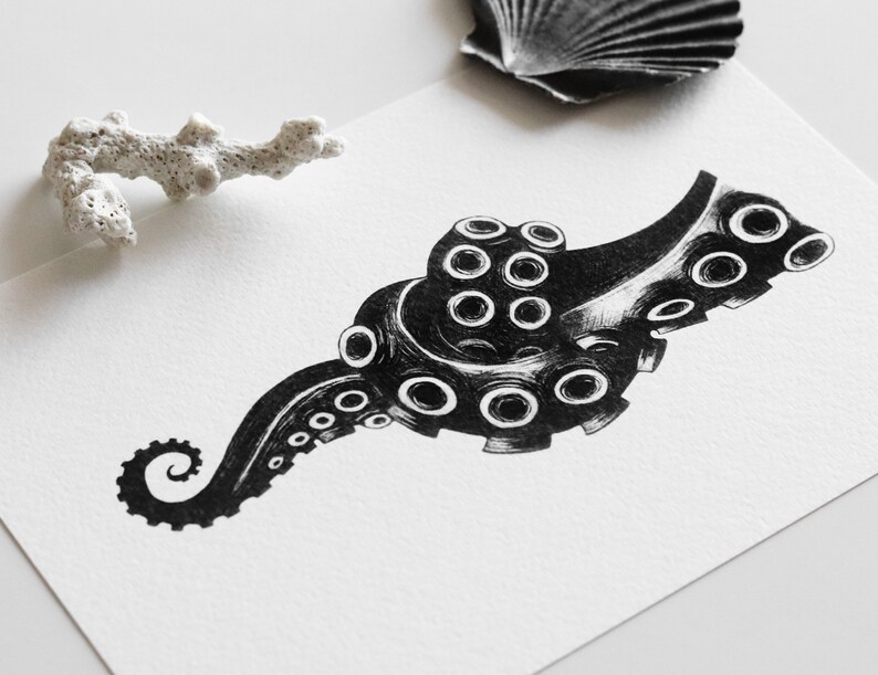 Print Knot illustration of an octopus tentacle with a knot black and white ballpoint pen drawing art print A5, A6 image 8