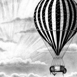 Vintage hot air balloon illustration art print of an old black and white striped hot air balloon flying over a poppy field A5, A4, A3 image 5