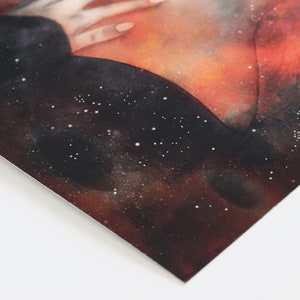 Ragazza in un cielo cosmico di buchi neri stampa di una ragazza infuocata come il sole in un cielo di stelle e buchi neri A5, A4, A3 immagine 8