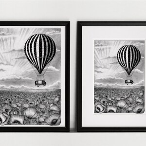 Vintage hot air balloon illustration art print of an old black and white striped hot air balloon flying over a poppy field A5, A4, A3 image 4