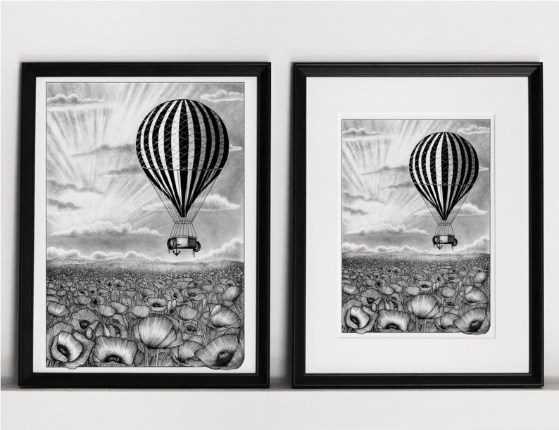 Vintage hot air balloon illustration art print of an old black and white striped hot air balloon flying over a poppy field A5, A4, A3 image 4