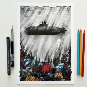 Vintage submarine over a colourful seabed illustration art print of an old submarine sailing under the sea over the sea bed A5, A4, A3 image 8