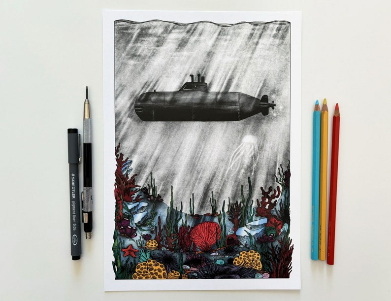 Vintage submarine over a colourful seabed illustration art print of an old submarine sailing under the sea over the sea bed A5, A4, A3 image 8
