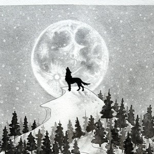 Wolf and hunter original drawing of a wolf howling to full moon followed by a hunter handmade with ink and graphite unique art piece image 2