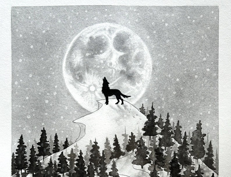 Wolf and hunter original drawing of a wolf howling to full moon followed by a hunter handmade with ink and graphite unique art piece image 2