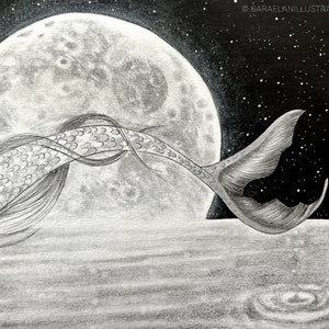 Mermaid original drawing of a mermaid diving into the sea handmade with ink, graphite and shining silver watercolour unique art piece image 5