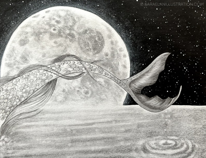 Mermaid original drawing of a mermaid diving into the sea handmade with ink, graphite and shining silver watercolour unique art piece image 5