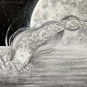 Mermaid original drawing of a mermaid diving into the sea handmade with ink, graphite and shining silver watercolour unique art piece image 4