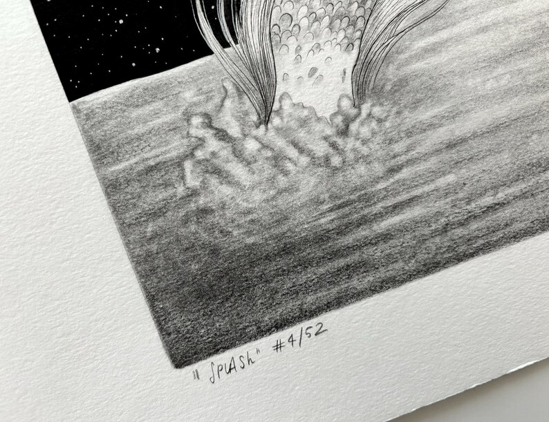 Mermaid original drawing of a mermaid diving into the sea handmade with ink, graphite and shining silver watercolour unique art piece image 9