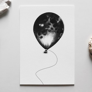 Print "Moon" - illustration of a moon balloon - black and white ballpoint pen drawing art print - A5, A6