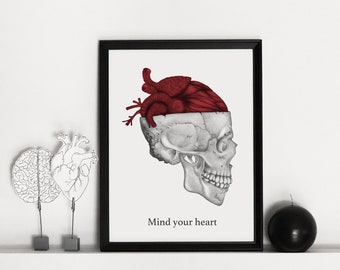 Stampa "mind your heart" - illustrazione anatomica di teschio con cuore rosso - metafora della lotta tra cuore e cervello - A3/A4/A5/A6