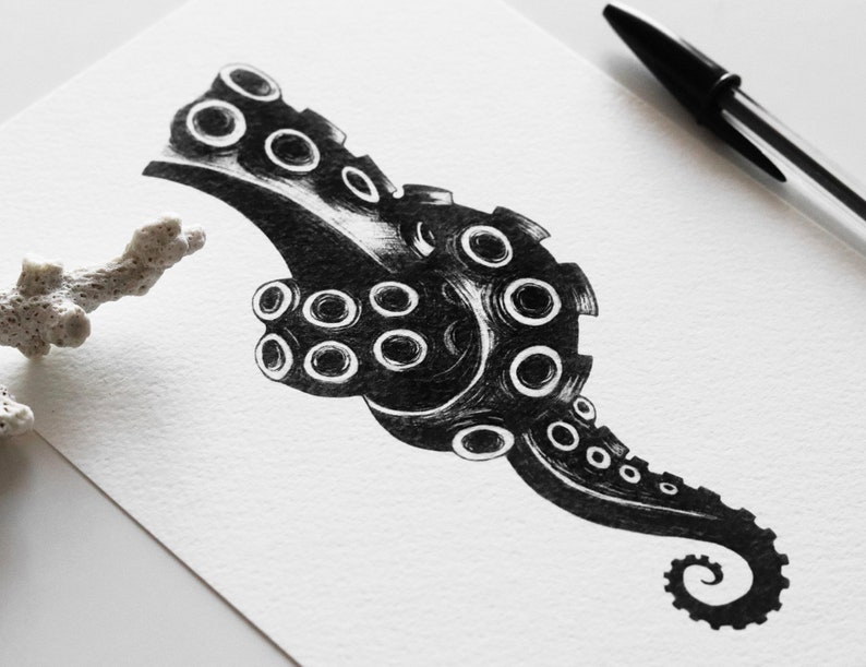 Print Knot illustration of an octopus tentacle with a knot black and white ballpoint pen drawing art print A5, A6 image 3