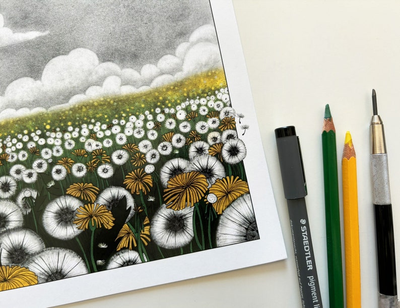 Vintage zeppelin airship over yellow dandelions illustration art print of an old dirigible flying over a dandelions field A5, A4, A3 image 4
