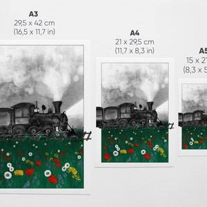 Vintage train in a green wild flowers field illustration art print of an old steam locomotive travelling in the night A5, A4, A3 image 9
