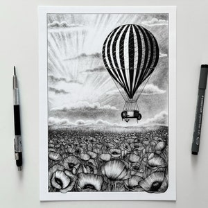 Vintage hot air balloon illustration art print of an old black and white striped hot air balloon flying over a poppy field A5, A4, A3 image 8