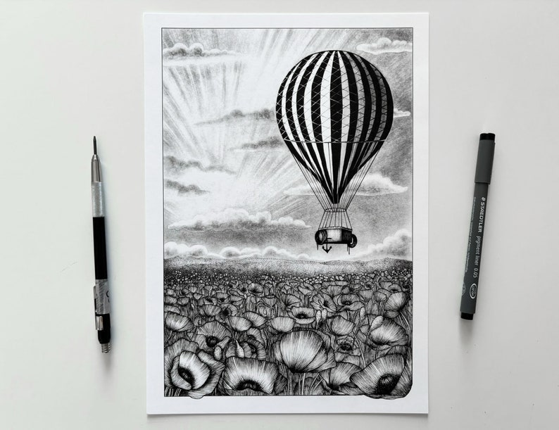 Vintage hot air balloon illustration art print of an old black and white striped hot air balloon flying over a poppy field A5, A4, A3 image 8