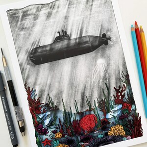 Vintage submarine over a colourful seabed illustration art print of an old submarine sailing under the sea over the sea bed A5, A4, A3 image 1