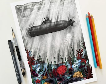 Vintage submarine over a colourful seabed - illustration art print of an old submarine sailing under the sea over the sea bed  - A5, A4, A3