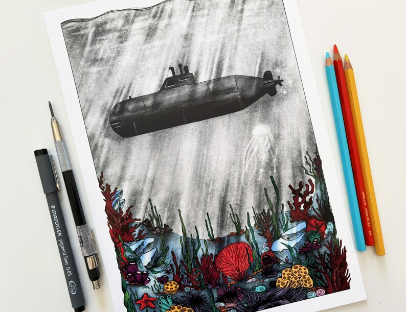 Vintage submarine over a colourful seabed illustration art print of an old submarine sailing under the sea over the sea bed A5, A4, A3 image 1