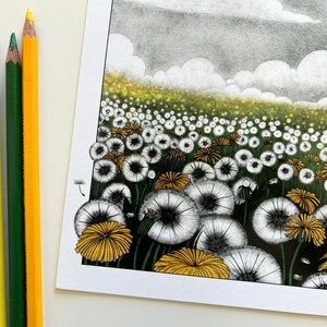 Vintage zeppelin airship over yellow dandelions illustration art print of an old dirigible flying over a dandelions field A5, A4, A3 image 3