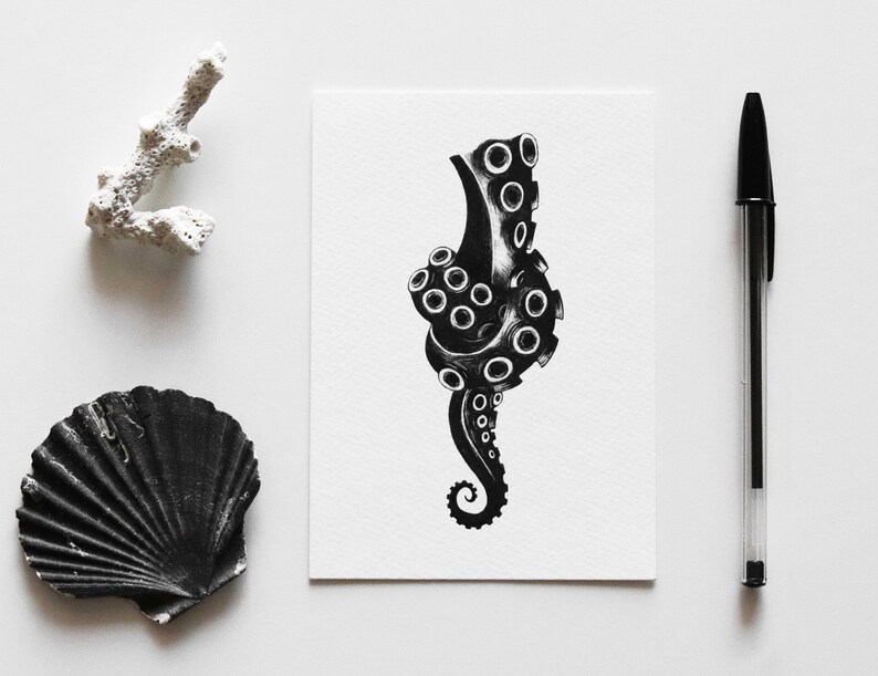 Print Knot illustration of an octopus tentacle with a knot black and white ballpoint pen drawing art print A5, A6 image 7