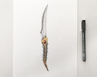 Arya Stark's dagger from Game of Thrones - original handmade drawing with GOLD LEAF - hand drawn ink artwork created during Inktober 2023