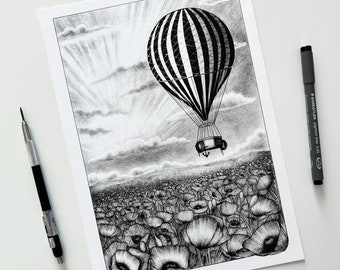 Vintage hot air balloon - illustration art print of an old black and white striped hot air balloon flying over a poppy field  - A5, A4, A3