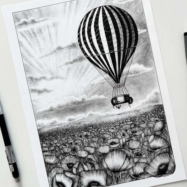 Vintage hot air balloon - illustration art print of an old black and white striped hot air balloon flying over a poppy field  - A5, A4, A3