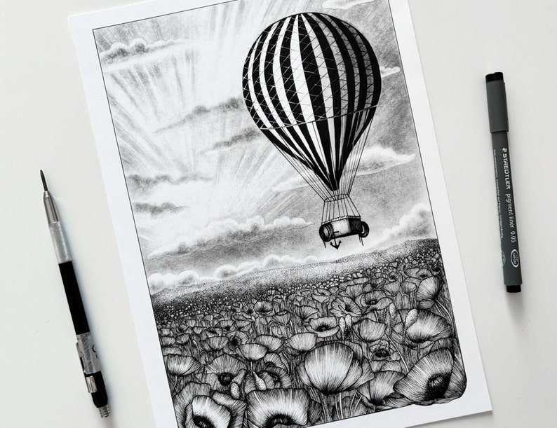Vintage hot air balloon illustration art print of an old black and white striped hot air balloon flying over a poppy field A5, A4, A3 image 1