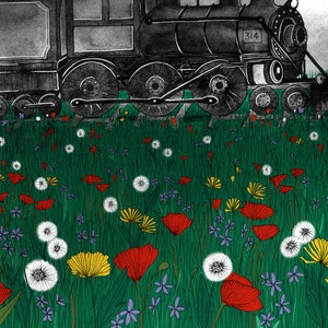 Vintage train in a green wild flowers field illustration art print of an old steam locomotive travelling in the night A5, A4, A3 image 7