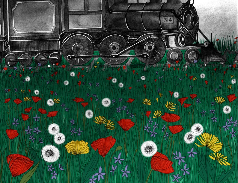 Vintage train in a green wild flowers field illustration art print of an old steam locomotive travelling in the night A5, A4, A3 image 7