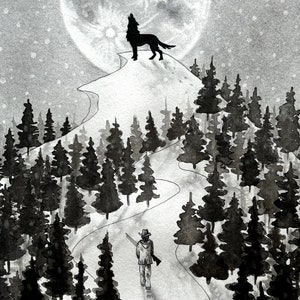 Wolf and hunter original drawing of a wolf howling to full moon followed by a hunter handmade with ink and graphite unique art piece image 3