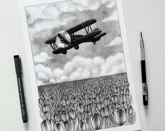 Vintage airplane - illustration art print of an old black and white biplane aircraft flying over a field of tulips - A5, A4, A3