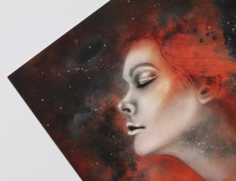 Ragazza in un cielo cosmico di buchi neri stampa di una ragazza infuocata come il sole in un cielo di stelle e buchi neri A5, A4, A3 immagine 7