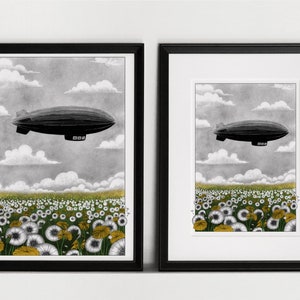 Vintage zeppelin airship over yellow dandelions illustration art print of an old dirigible flying over a dandelions field A5, A4, A3 image 5