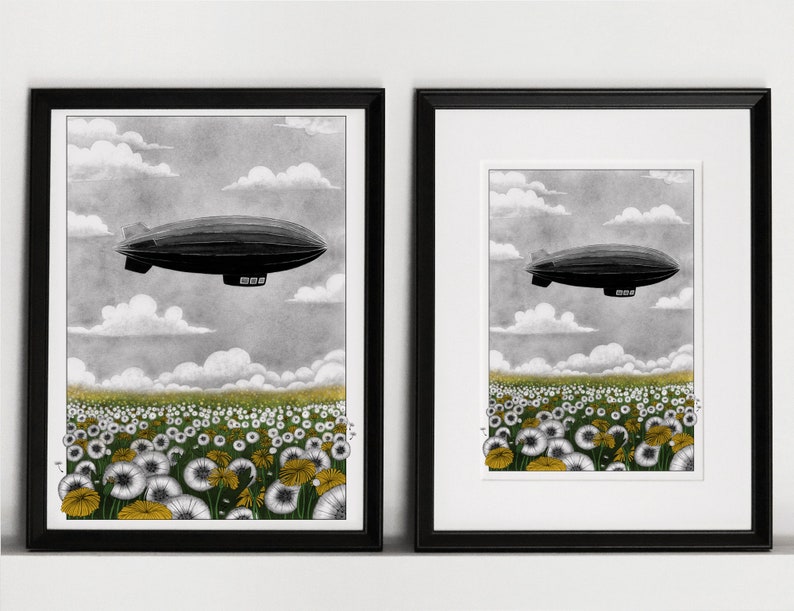 Vintage zeppelin airship over yellow dandelions illustration art print of an old dirigible flying over a dandelions field A5, A4, A3 image 5
