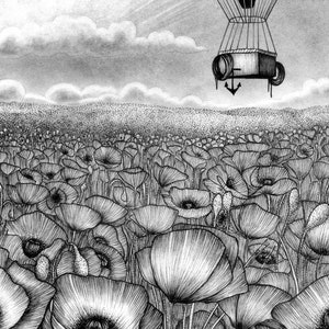 Vintage hot air balloon illustration art print of an old black and white striped hot air balloon flying over a poppy field A5, A4, A3 image 6