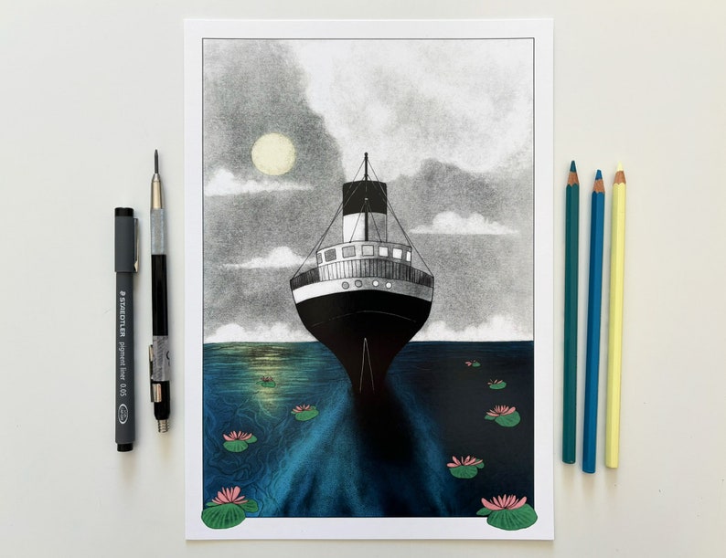 Vintage transatlantic on a blue sea illustration art print of an old Titanic lookalike steam ship sailing with the moonlight A5, A4, A3 image 8