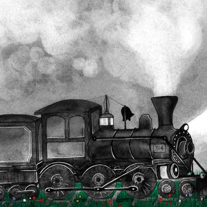 Vintage train in a green wild flowers field illustration art print of an old steam locomotive travelling in the night A5, A4, A3 image 6
