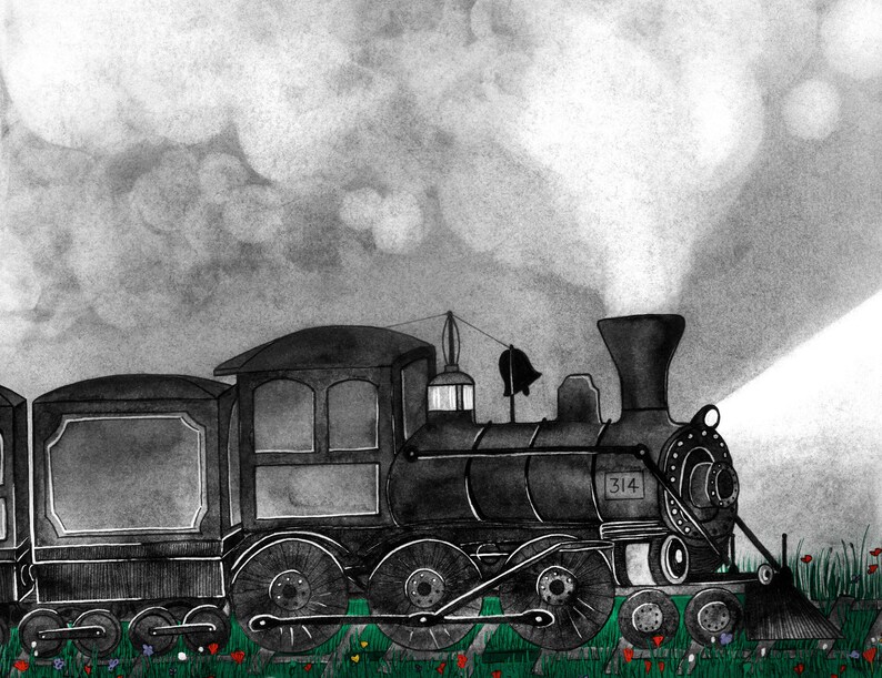 Vintage train in a green wild flowers field illustration art print of an old steam locomotive travelling in the night A5, A4, A3 image 6