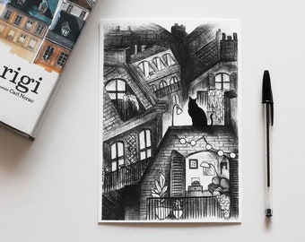 Stampa "ROOF" - illustrazione di un gatto nero sui tetti di una città - disegno in penna nera realizzato durante l'Inktober - A5, A6