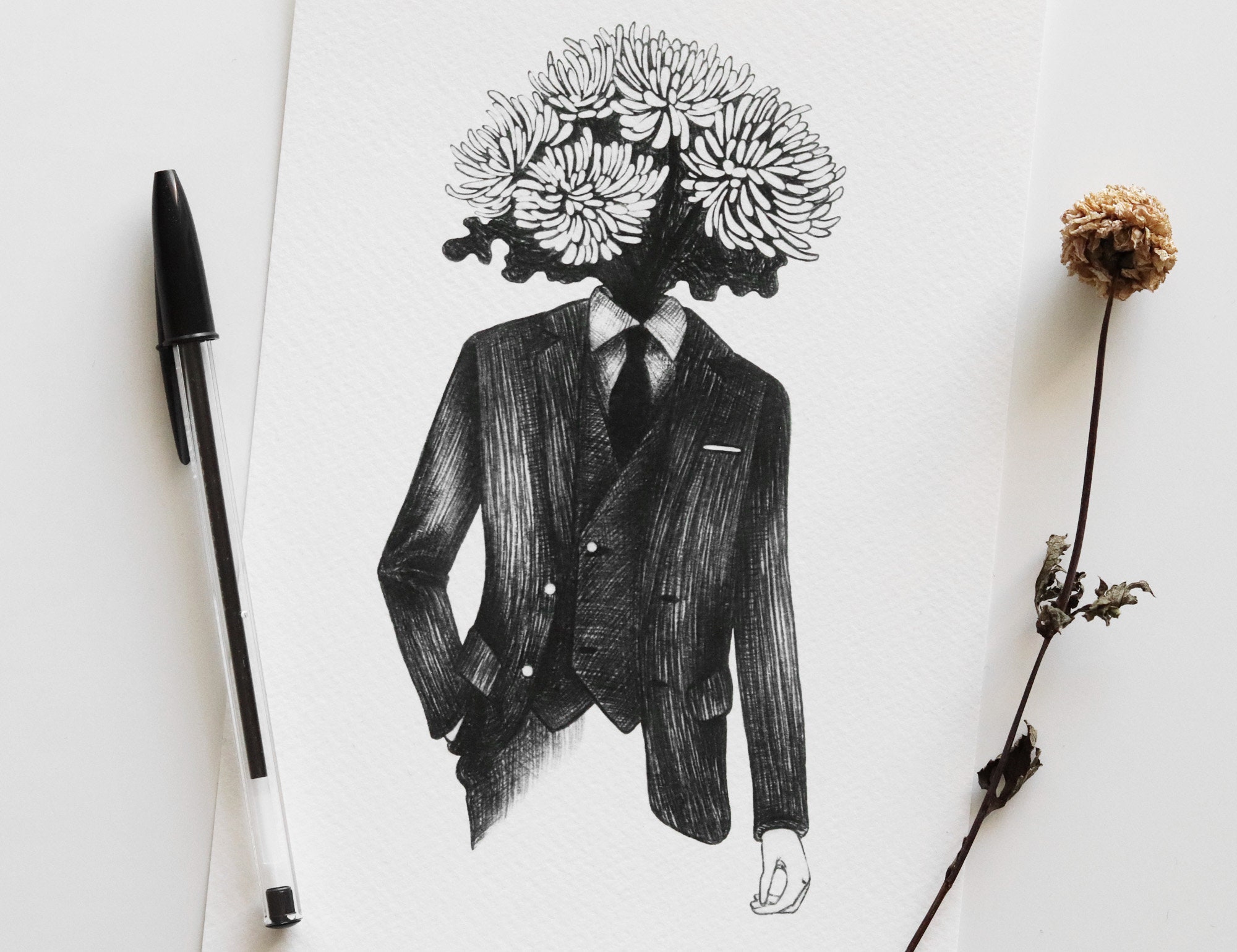 Man With Flowers Head – Black and White Pen Drawing | Surreal