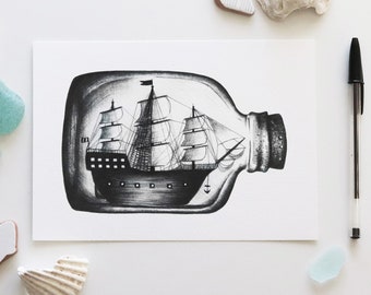 Stampa "VESSEL" - illustrazione di una nave in bottiglia - disegno in penna nera realizzato durante l'Inktober - A5, A6