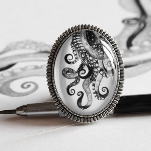 Brooch with octopus tentacles drawing - illustrated jewelry - handmade jewel created with printed image