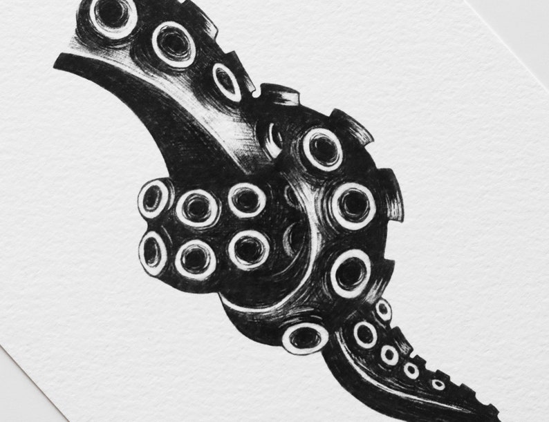 Stampa KNOT illustrazione di un tentacolo di polpo con un nodo disegno in penna nera realizzato durante l'Inktober A5, A6 immagine 4