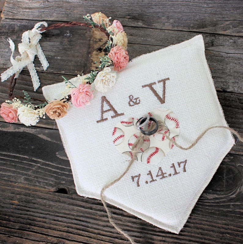 baseball softball personalized baseball Wedding ring bearer pillow Wedding Ring Pillow baseball themed Burlap Baseball wedding