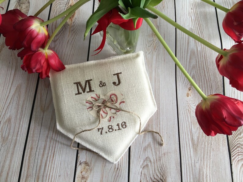 baseball softball personalized baseball Wedding ring bearer pillow Wedding Ring Pillow baseball themed Burlap Baseball wedding